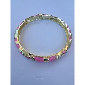 Gold Tone Pink Enamel Rhinestone Hinged Bangle Bracelet 6.75 Inch